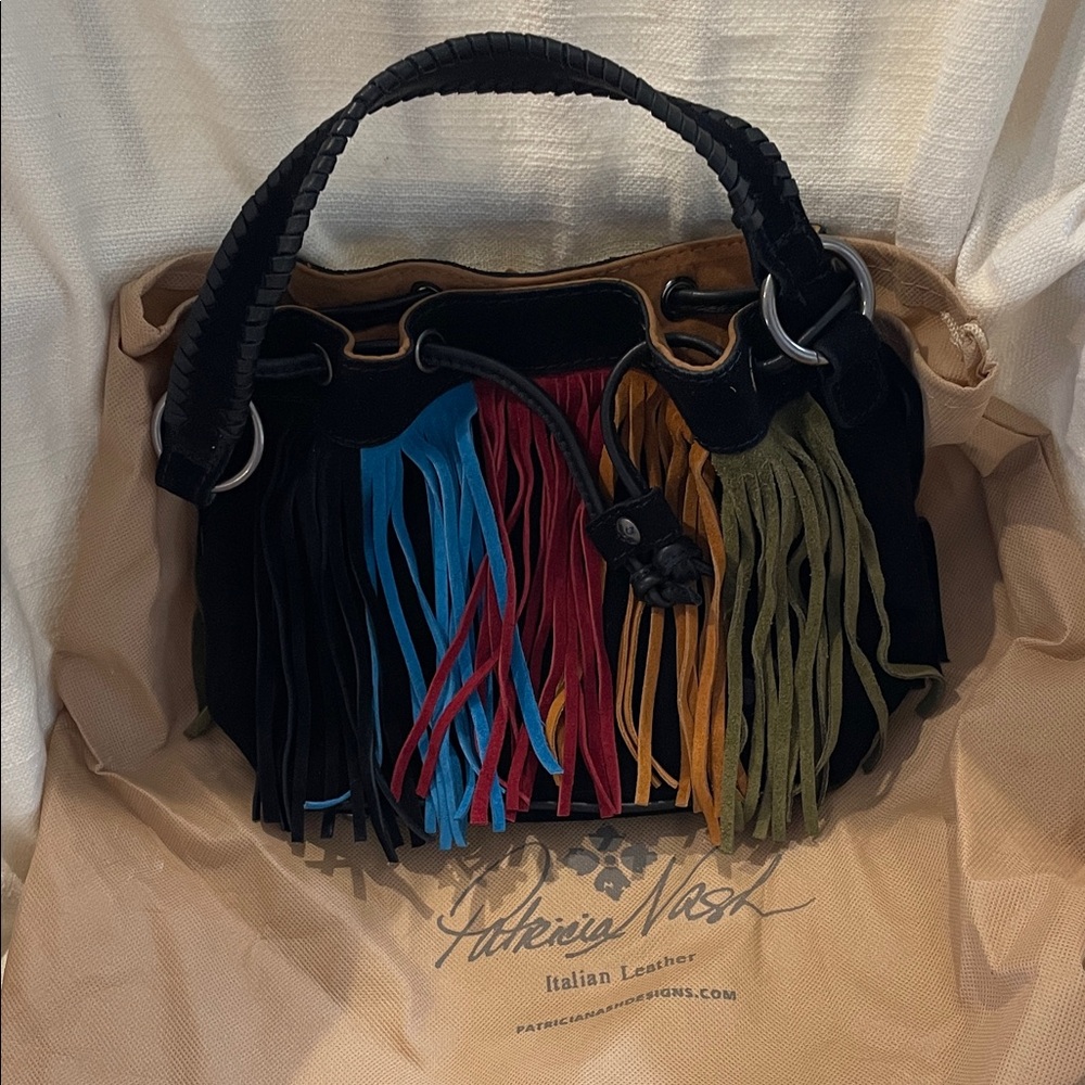 Patricia Nash Black Suede Shoulder Bag with Multicolor Fringe
